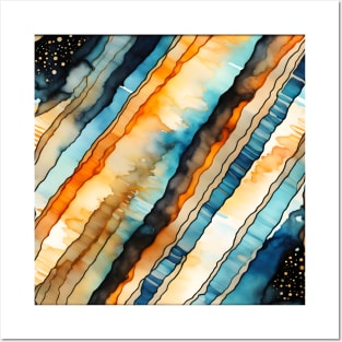 Orange Blue and Beige diagonal Stripes, alcohol ink pattern Posters and Art